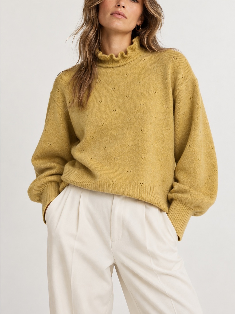 Lush Wool Blend Ruffle Mock Collar Drop Shoulder Eyelet Sweater